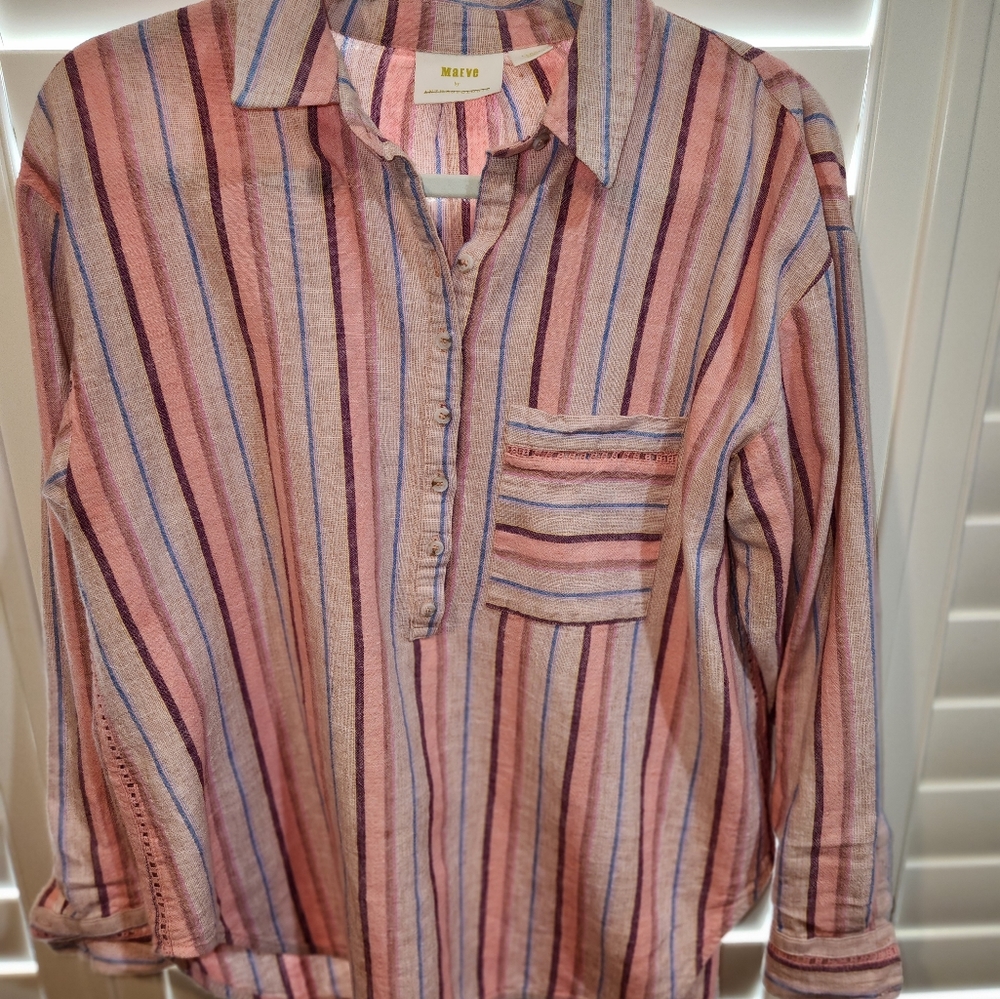 Anthropologie Pink Striped Button-Placket Blouse